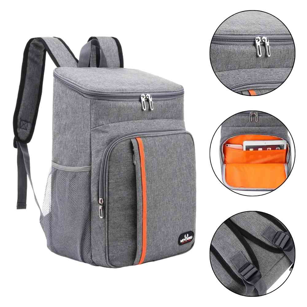 Mochila Térmica Cooler 18L Urbanno cinza, mostrando detalhes dos zíperes, compartimento frontal e alças traseiras para funcionalidades