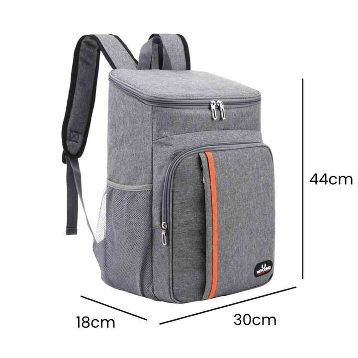 Mochila Térmica Cooler 18L Urbanno cinza, exibindo suas dimensões de 44x30x18cm para transporte prático