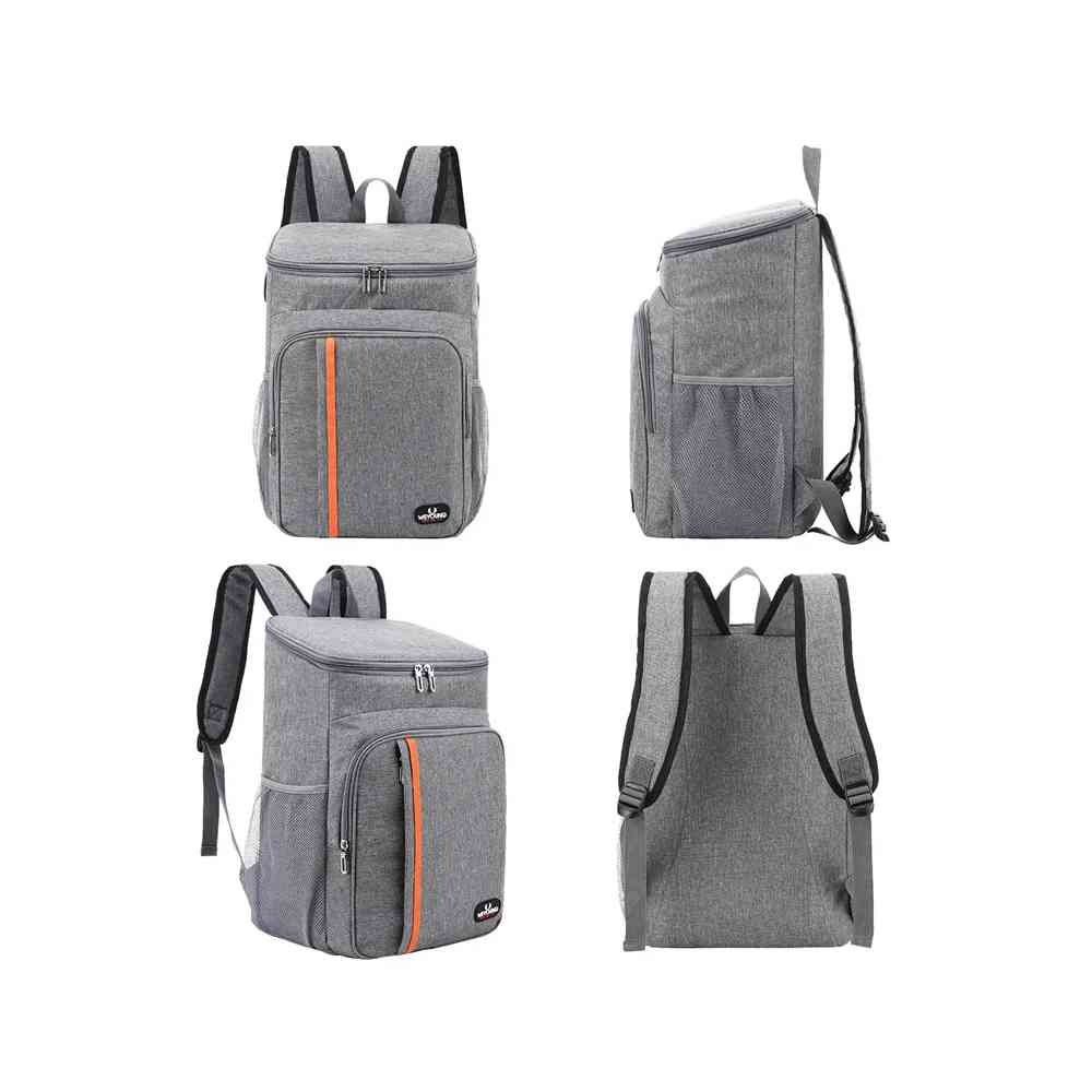 Mochila Térmica Cooler 18L Urbanno cinza, exibindo vistas frontal, lateral, em ângulo e traseira, destacando design completo