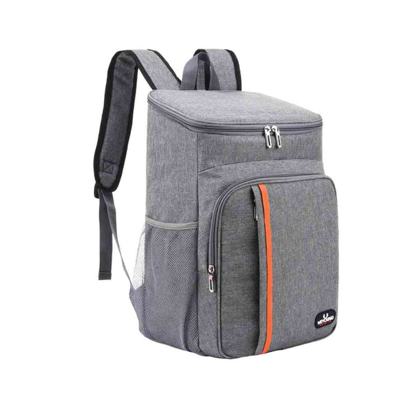 Mochila Térmica Cooler 18L Urbanno cinza, vista frontal, ideal para bebidas e alimentos, com detalhes em laranja e bolsos laterais