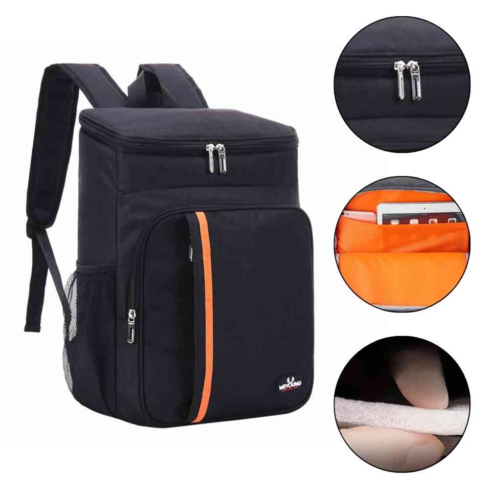 Mochila Térmica Cooler 18L Urbanno preta, destacando isolamento interno, material externo impermeável e compartimento interno com divisória laranja