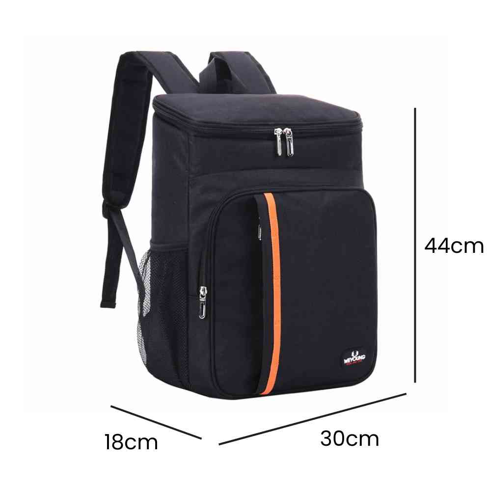 Mochila Térmica Cooler 18L Urbanno preta, exibindo suas dimensões de 44x30x18cm para transporte prático