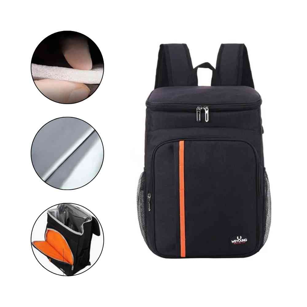 Mochila Térmica Cooler 18L Urbanno preta, destacando isolamento interno, material externo impermeável e compartimento interno com divisória laranja
