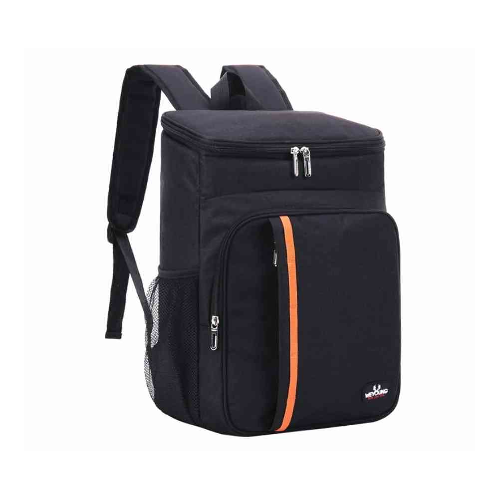 Mochila Térmica Cooler 18L Urbanno preta, vista frontal, ideal para bebidas e alimentos, com detalhes em laranja e bolsos laterais