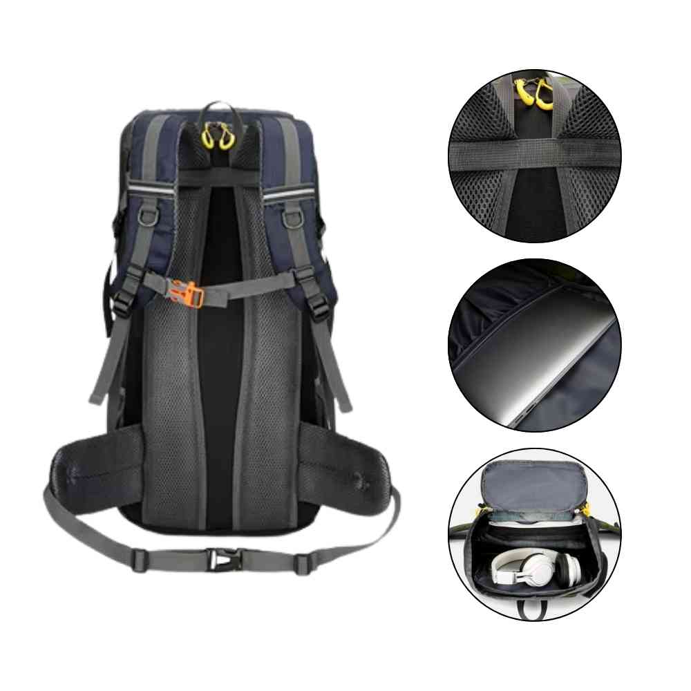 Mochila de Viagem e Camping 50L Aventura Impermeável Urbanno azul, mostrando o sistema de alças, barrigueira, e detalhes ampliados do compartimento para notebook e do bolso superior com fones de ouvido, destacando conforto e organização urbanno
