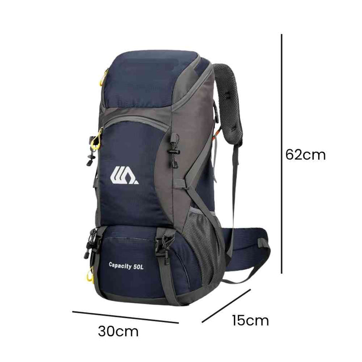 Mochila de Viagem e Camping 50L Aventura Impermeável Urbanno azul, exibindo suas dimensões de 62cm de altura, 30cm de largura e 15cm de profundidade, ideal para expedições e aventuras urbanno