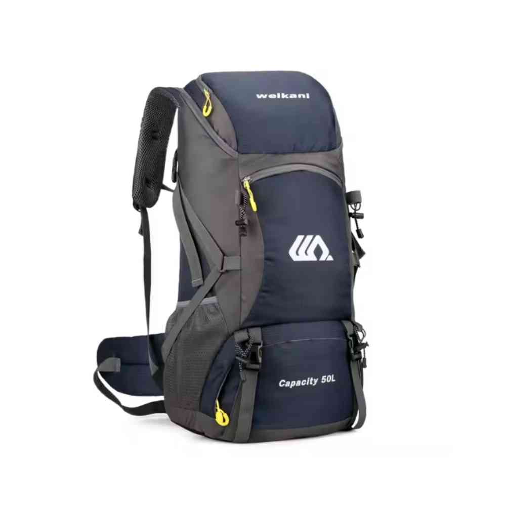 Mochila de Viagem e Camping 50L Aventura Impermeável Urbanno azul, vista frontal, com múltiplos bolsos, fechos de compressão e capacidade visível, ideal para trilhas e acampamentos urbanno