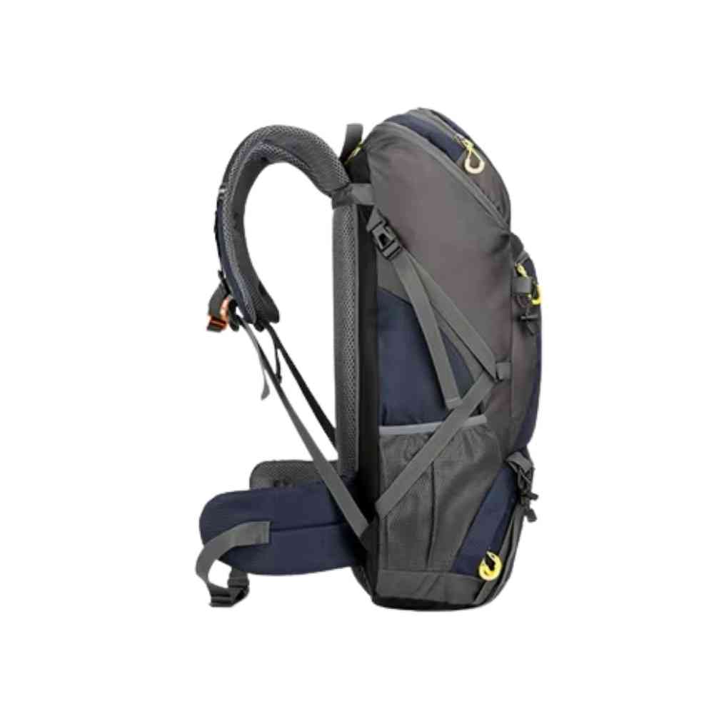 Mochila de Viagem e Camping 50L Aventura Impermeável Urbanno azul, vista traseira, com sistema de alças ajustáveis, barrigueira e tela respirável, ideal para conforto em longas caminhadas urbanno