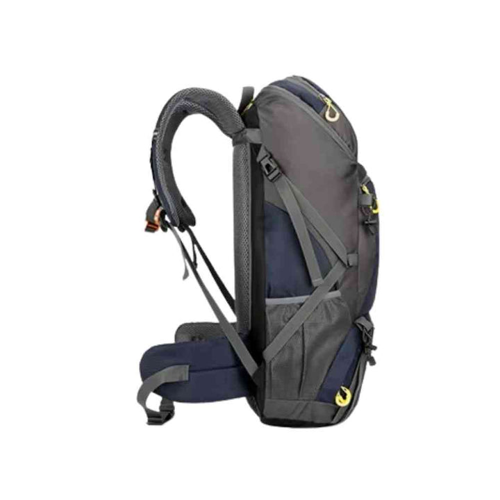 Mochila de Viagem e Camping 50L Aventura Impermeável Urbanno azul, vista traseira, com sistema de alças ajustáveis, barrigueira e tela respirável, ideal para conforto em longas caminhadas urbanno