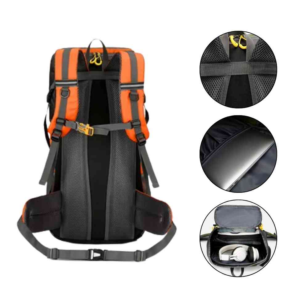 Mochila de Viagem e Camping 50L Aventura Impermeável Urbanno laranja com cinza, mostrando o sistema de alças, barrigueira, e detalhes ampliados do compartimento para notebook e do bolso superior com fones de ouvido, destacando conforto e organização urbanno