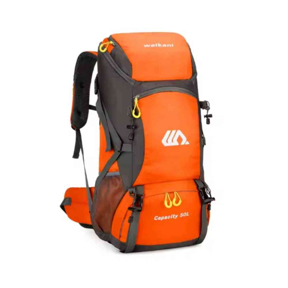 Mochila de Viagem e Camping 50L Aventura Impermeável Urbanno laranja com cinza, vista frontal, com múltiplos bolsos, fechos de compressão e capacidade visível, ideal para trilhas e acampamentos urbanno