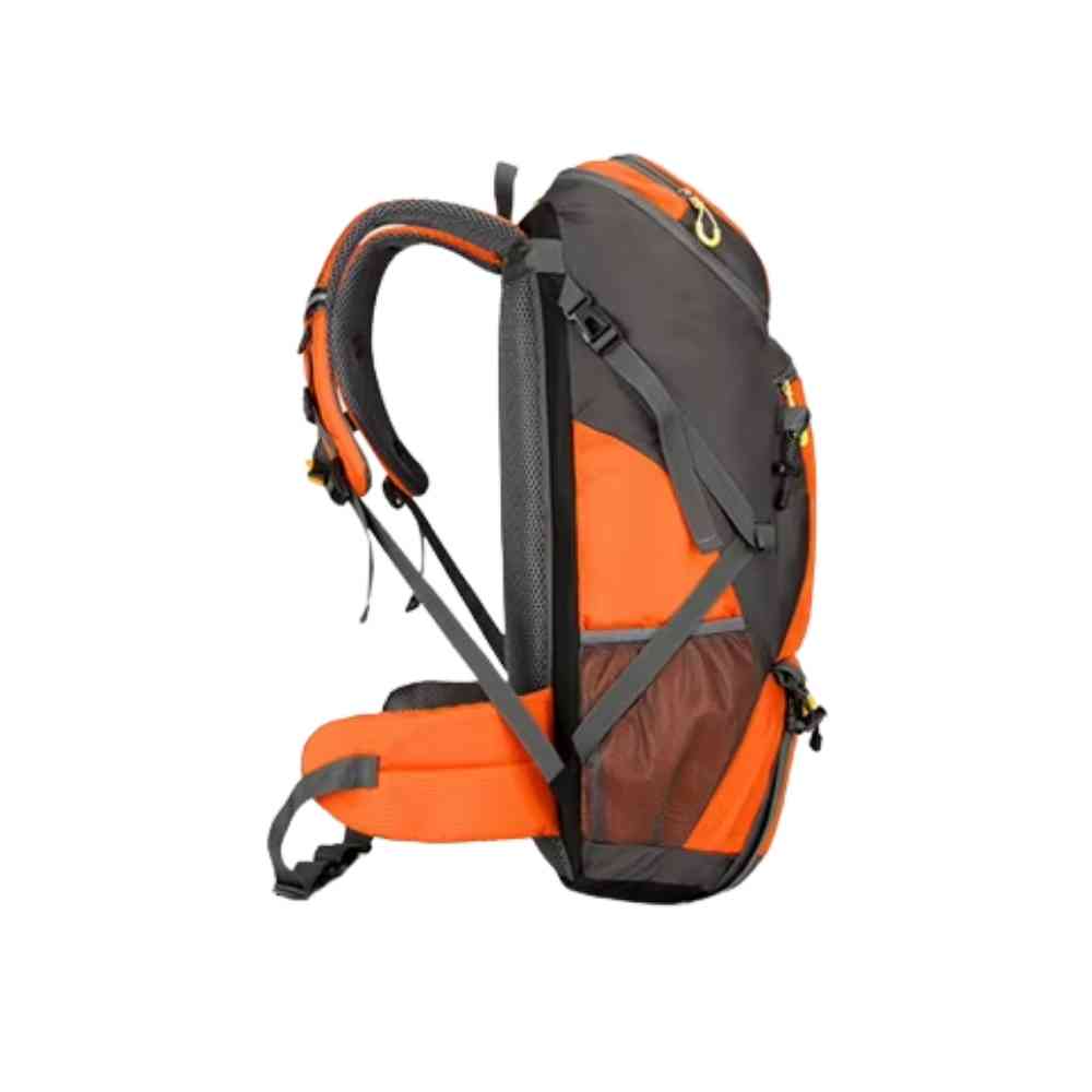 Mochila de Viagem e Camping 50L Aventura Impermeável Urbanno laranja com cinza, vista traseira, com sistema de alças ajustáveis, barrigueira e tela respirável, ideal para conforto em longas caminhadas urbanno