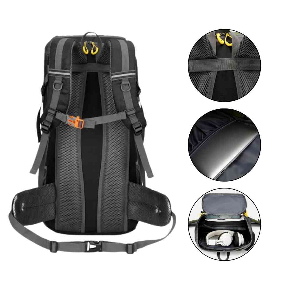 Mochila de Viagem e Camping 50L Aventura Impermeável Urbanno preta, mostrando o sistema de alças, barrigueira, e detalhes ampliados do compartimento para notebook e do bolso superior com fones de ouvido, destacando conforto e organização urbanno