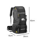 Mochila de Viagem e Camping 50L Aventura Impermeável Urbanno preta, exibindo suas dimensões de 62cm de altura, 30cm de largura e 15cm de profundidade, ideal para expedições e aventuras urbanno