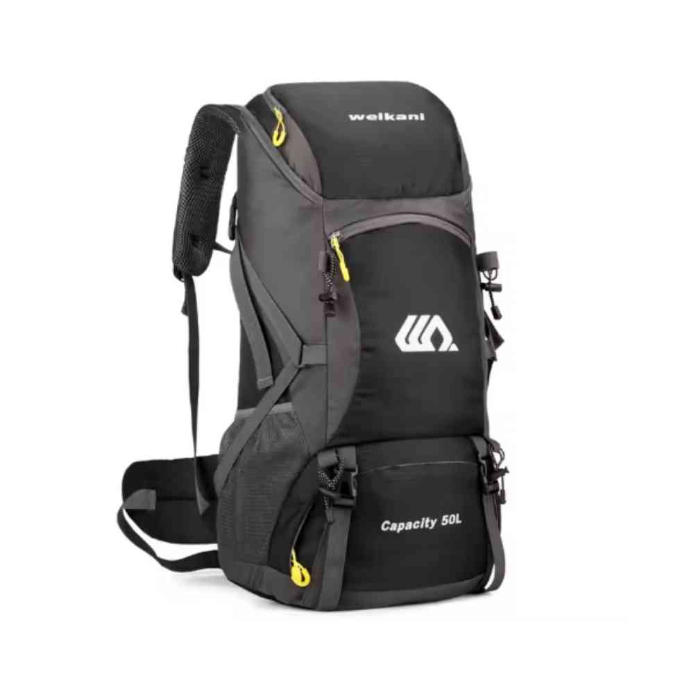 Mochila de Viagem e Camping 50L Aventura Impermeável Urbanno preta, vista frontal, com múltiplos bolsos, fechos de compressão e capacidade visível, ideal para trilhas e acampamentos urbanno