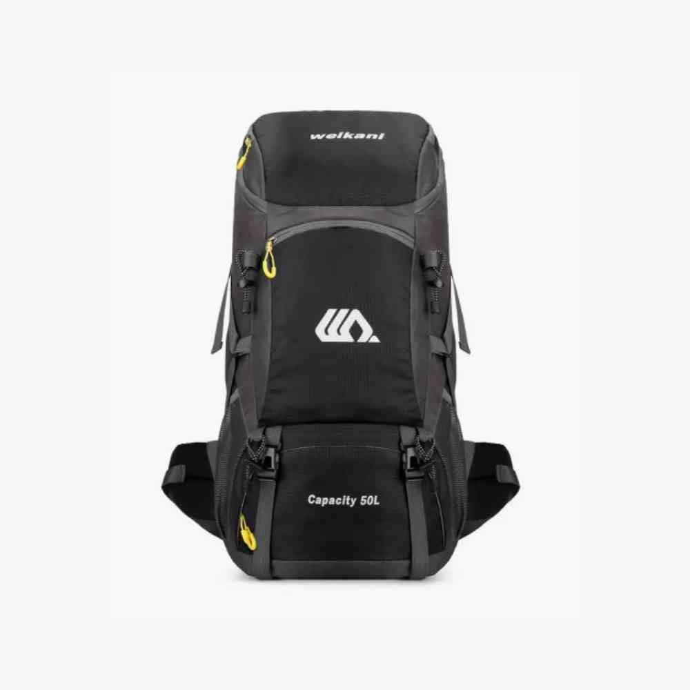 Mochila de Viagem e Camping 50L Aventura Impermeável Urbanno preta, vista traseira, com sistema de alças ajustáveis, barrigueira e tela respirável, ideal para conforto em longas caminhadas urbanno