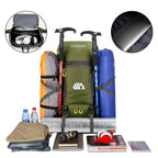 Mochila de Viagem e Camping 50L Aventura Impermeável Urbanno verde oliva, aberta mostrando itens de camping (saco de dormir, isolante), roupas, eletrônicos, garrafas de água e bastões de trekking acoplados, destacando a grande capacidade e organização para aventuras urbanno
