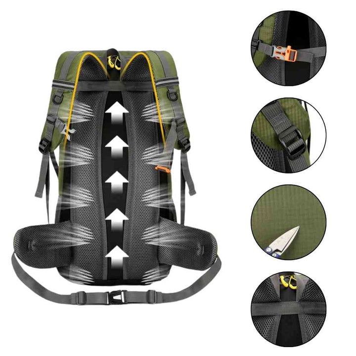 Mochila de Viagem e Camping 50L Aventura Impermeável Urbanno verde oliva, mostrando o sistema de ventilação nas costas com setas indicando o fluxo de ar, e detalhes ampliados da fivela, alça de ombro, tecido resistente e fita peitoral, destacando conforto e funcionalidade para longas jornadas urbanno