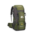 Mochila de Viagem e Camping 50L Aventura Impermeável Urbanno verde oliva, vista frontal, com múltiplos bolsos, fechos de compressão e capacidade visível, ideal para trilhas e acampamentos urbanno