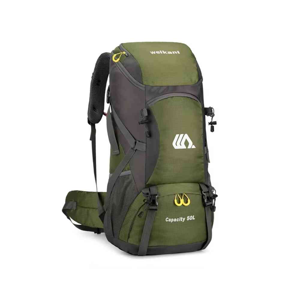 Mochila de Viagem e Camping 50L Aventura Impermeável Urbanno verde oliva, vista frontal, com múltiplos bolsos, fechos de compressão e capacidade visível, ideal para trilhas e acampamentos urbanno
