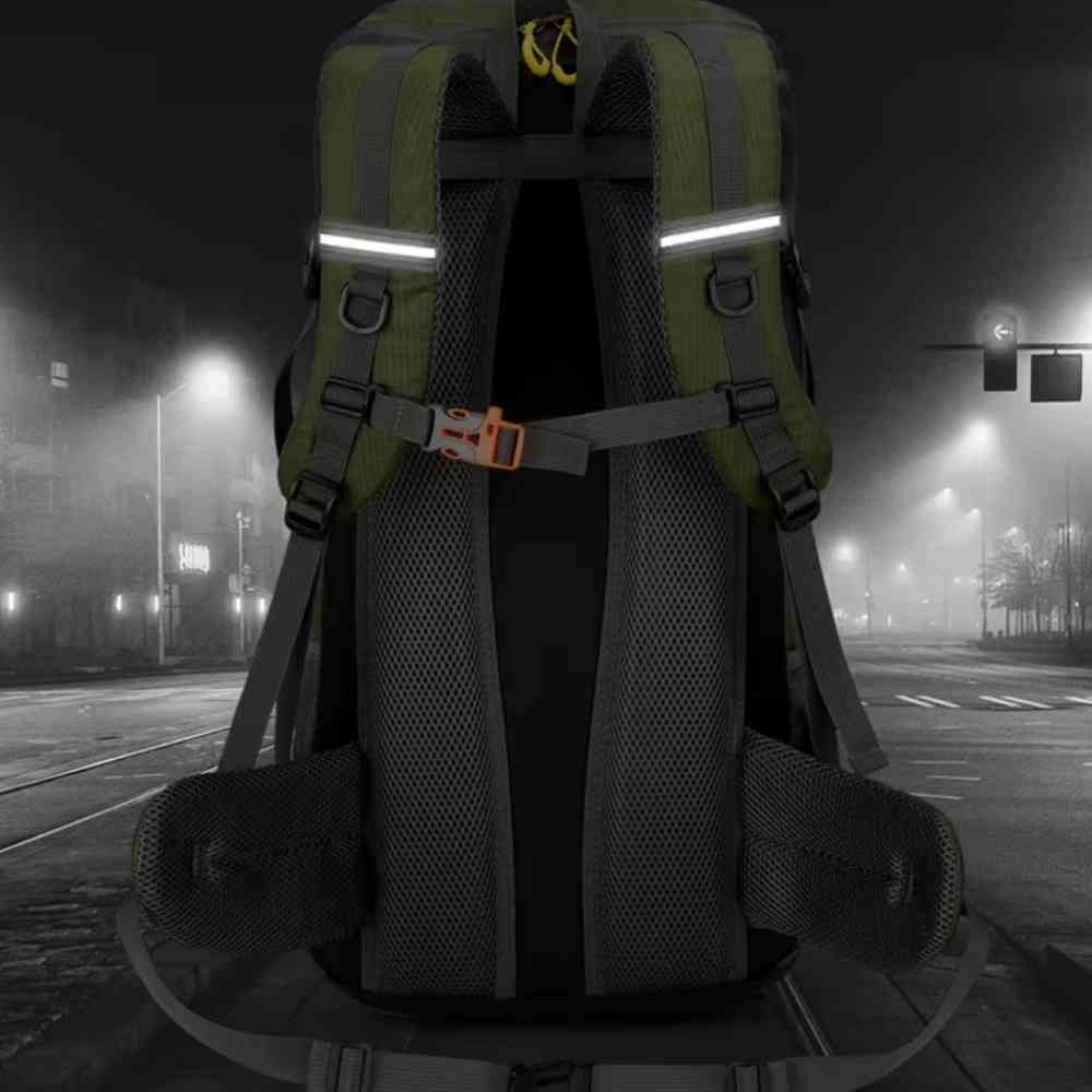 Mochila de Viagem e Camping 50L Aventura Impermeável Urbanno verde oliva, vista traseira em ambiente noturno iluminado por postes, destacando as faixas refletivas nas alças, ideal para segurança em condições de baixa luz urbanno
