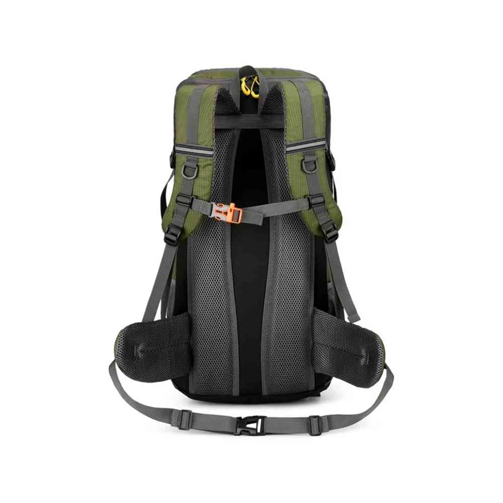 Mochila de Viagem e Camping 50L Aventura Impermeável Urbanno verde oliva, vista traseira, com sistema de alças ajustáveis, barrigueira e tela respirável, ideal para conforto em longas caminhadas urbanno