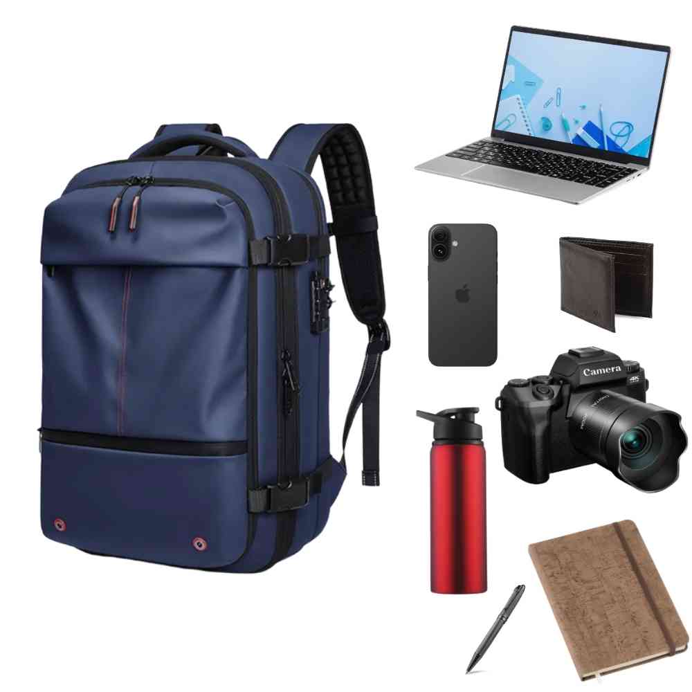 Mochila Viagem Notebook 17 polegadas Expansível Urbanno azul, exibindo capacidade interna com notebook, câmera e acessórios essenciais para organização e dia a dia
