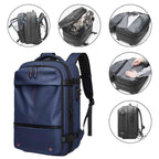 Mochila para notebook, Viagem e dia a dia Expansível Urbanno azul, com detalhes dos múltiplos compartimentos internos e funcionalidades de organização