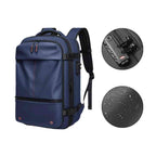 Mochila de Viagem e Notebook 17 polegadas Expansível Urbanno azul, destacando cadeado de segurança, bomba de vácuo e tecido impermeável resistente à água