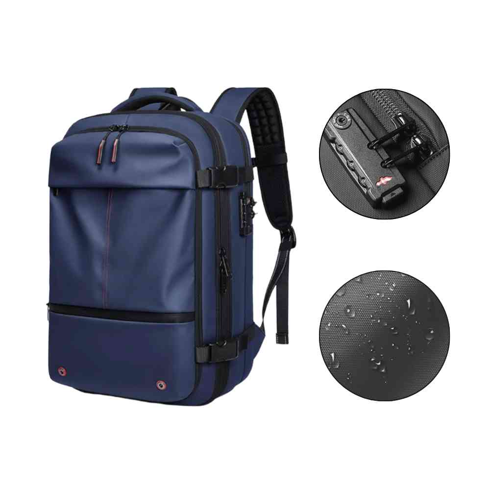 Mochila de Viagem e Notebook 17 polegadas Expansível Urbanno azul, destacando cadeado de segurança, bomba de vácuo e tecido impermeável resistente à água