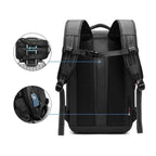 
Mochila para Viagem e Notebook 17 polegadas Expansível Urbanno azul, vista traseira com acoplamento para mala e bolso antifurto para celular