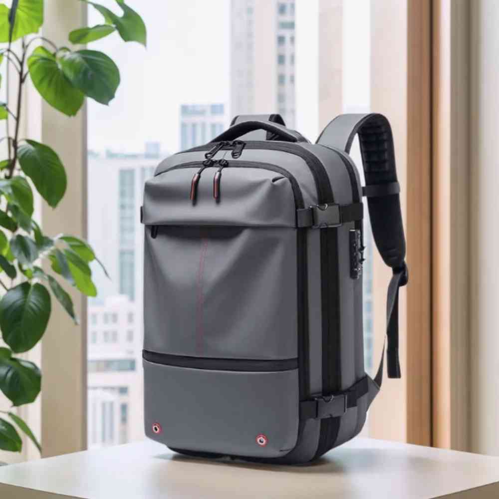 Mochila de Viagem Notebook 17 polegadas Expansível URBANNO cinza, exibida em um ambiente de escritório ou casa moderna com vista para a cidade, ideal para o dia a dia urbano