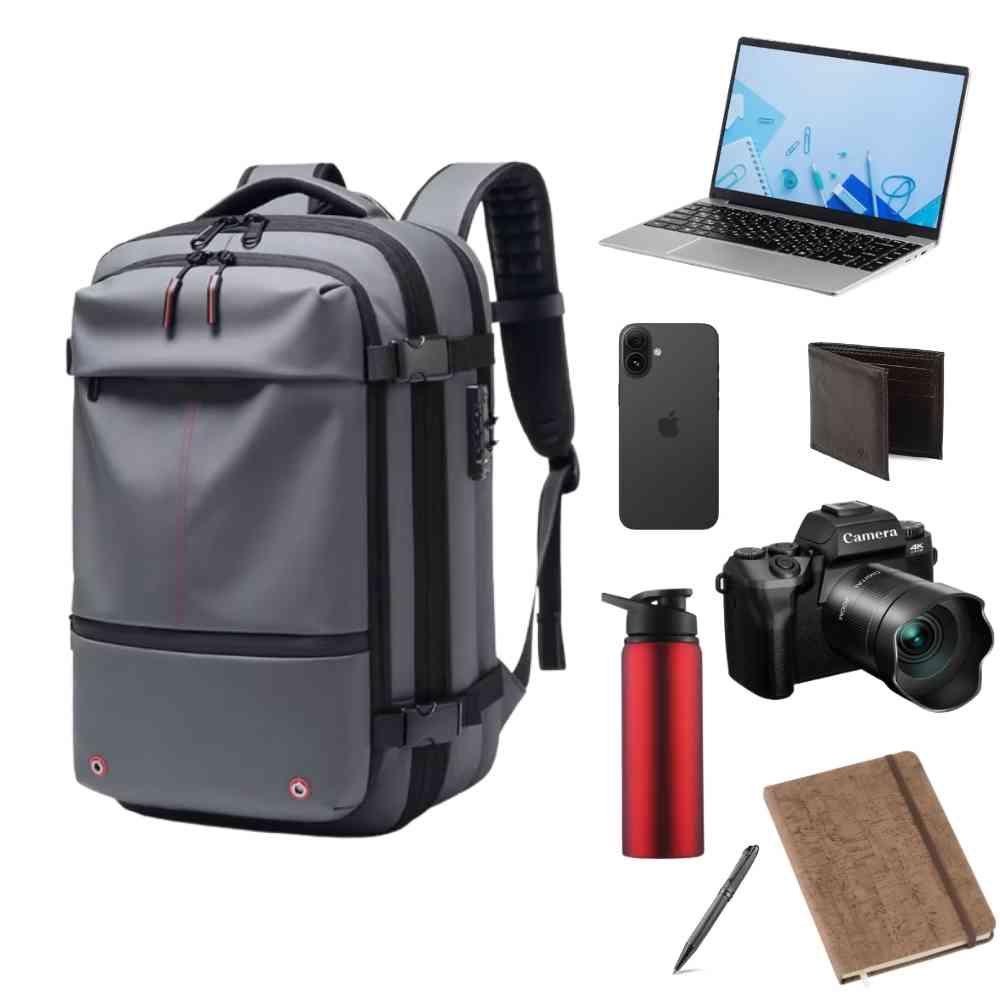 Mochila de Viagem Notebook 17 polegadas Expansível URBANNO cinza, exibindo sua capacidade interna com notebook, câmera, garrafa térmica e outros itens essenciais, ideal para organizar pertences