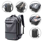 Mochila de Viagem Notebook 17 polegadas Expansível URBANNO cinza, com múltiplos compartimentos internos exibidos, incluindo bolso para notebook, organizadores e abertura total, destacando sua funcionalidade e versatilidade