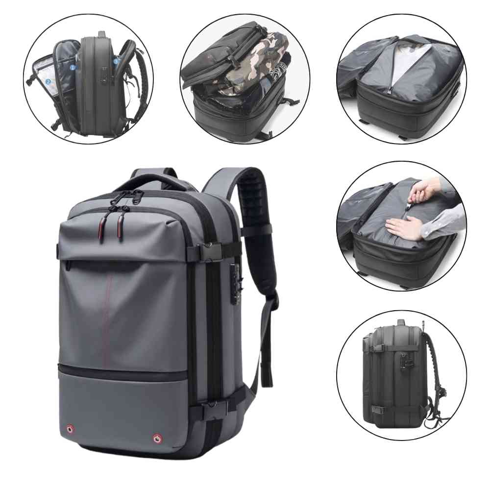 Mochila de Viagem Notebook 17 polegadas Expansível URBANNO cinza, com múltiplos compartimentos internos exibidos, incluindo bolso para notebook, organizadores e abertura total, destacando sua funcionalidade e versatilidade