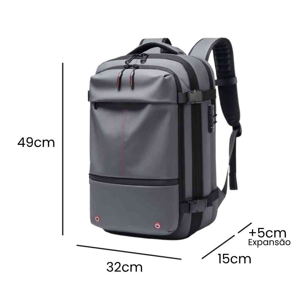 Mochila de Viagem Notebook 17 polegadas Expansível URBANNO cinza, com suas dimensões de 49cm de altura, 32cm de largura e 15cm de profundidade, incluindo a expansão de +5cm para maior capacidade