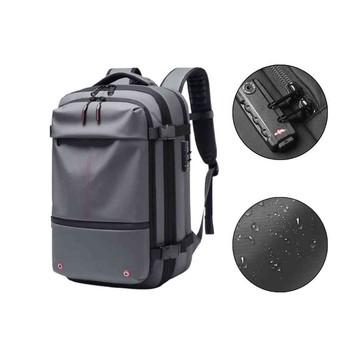 Mochila de Viagem Notebook 17 polegadas Expansível URBANNO cinza, com detalhes em close-up do cadeado de segurança e do tecido resistente à água, ideal para proteger seus pertences