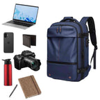 
Mochila de Viagem Notebook 17 polegadas Expansível Urbanno azul, exibindo capacidade interna com notebook, câmera e acessórios essenciais para organização