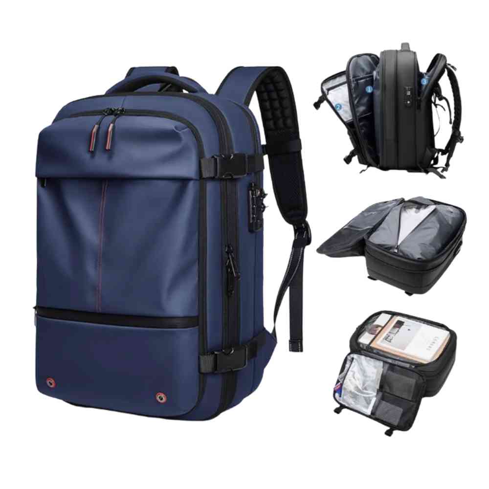 Mochila de Viagem Notebook 17 polegadas Expansível Urbanno azul, com detalhes dos compartimentos espaçosos e funcionalidades internas para organização de itens