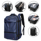 Mochila de Viagem Notebook 17 polegadas Expansível Urbanno azul, com detalhes dos múltiplos compartimentos internos e funcionalidades de organização