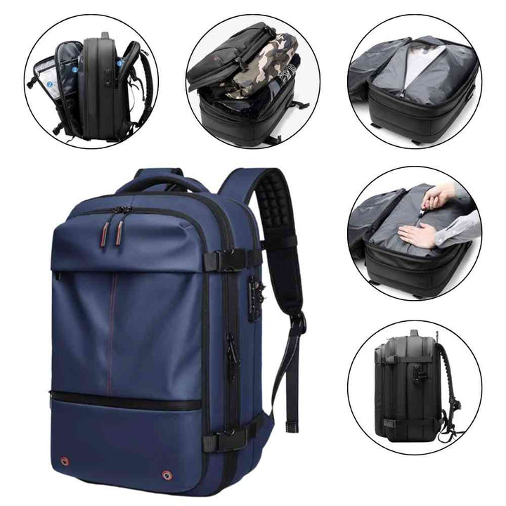 Mochila de Viagem Notebook 17 polegadas Expansível Urbanno azul, com detalhes dos múltiplos compartimentos internos e funcionalidades de organização