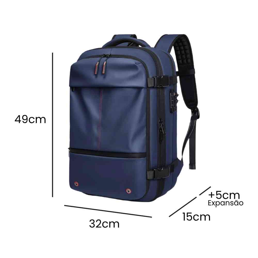 
Mochila de Viagem Notebook 17 polegadas Expansível Urbanno azul, exibindo suas dimensões de 49x32x15cm e expansão de +5cm