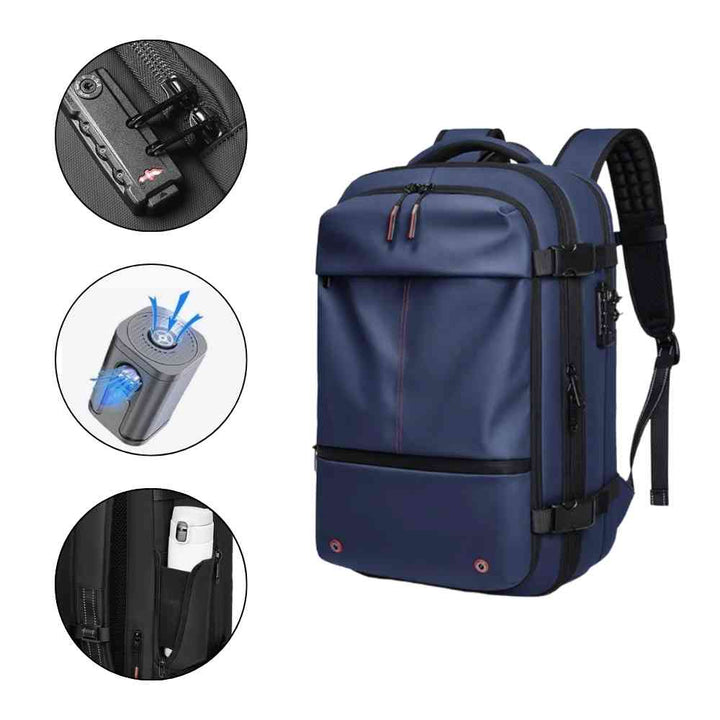 Mochila de Viagem Notebook 17 polegadas Expansível Urbanno azul, destacando cadeado de segurança, bomba de vácuo e tecido impermeável com bolso lateral