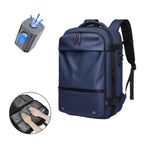 Mochila de Viagem Notebook 17 polegadas Expansível Urbanno azul, vista frontal com bomba de vácuo para compressão e compartimento interno