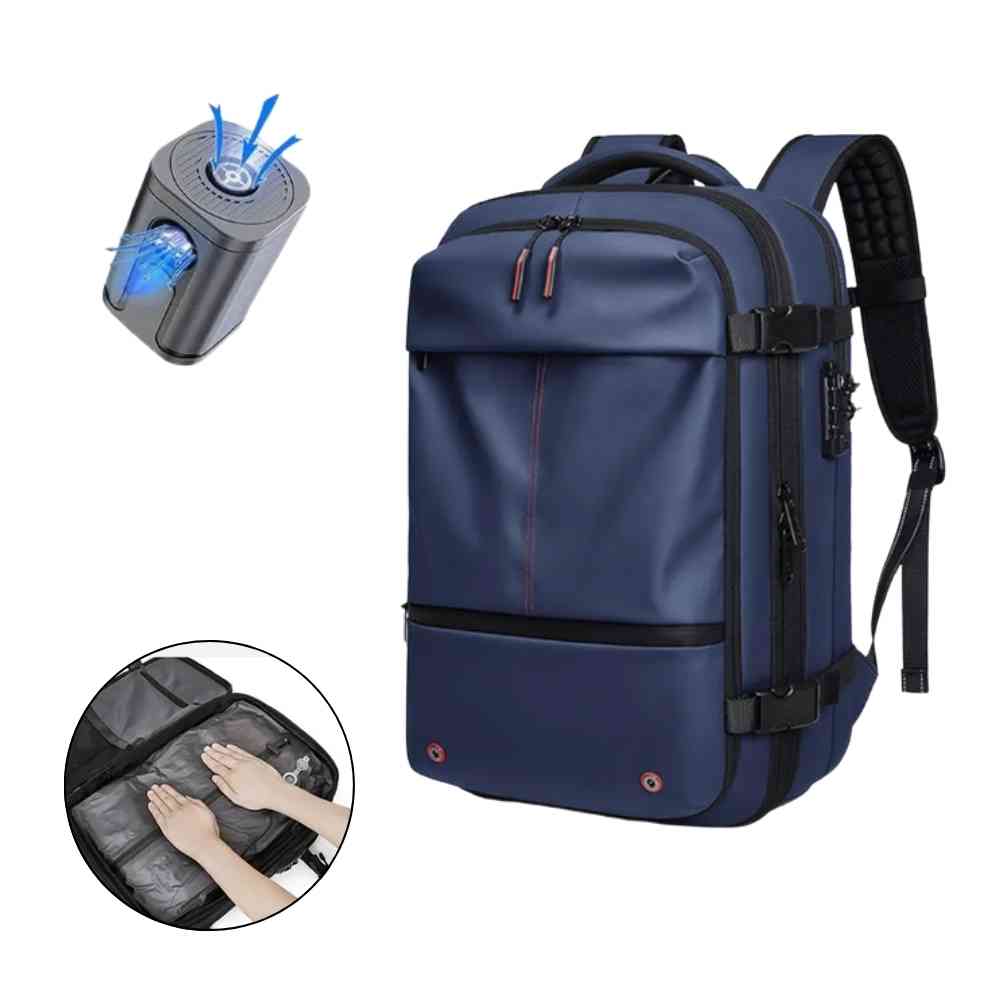 Mochila de Viagem Notebook 17 polegadas Expansível Urbanno azul, vista frontal com bomba de vácuo para compressão e compartimento interno