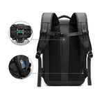 Mochila de Viagem Notebook 17 polegadas Expansível Urbanno cinza, vista traseira com acoplamento para mala e bolso antifurto para celular