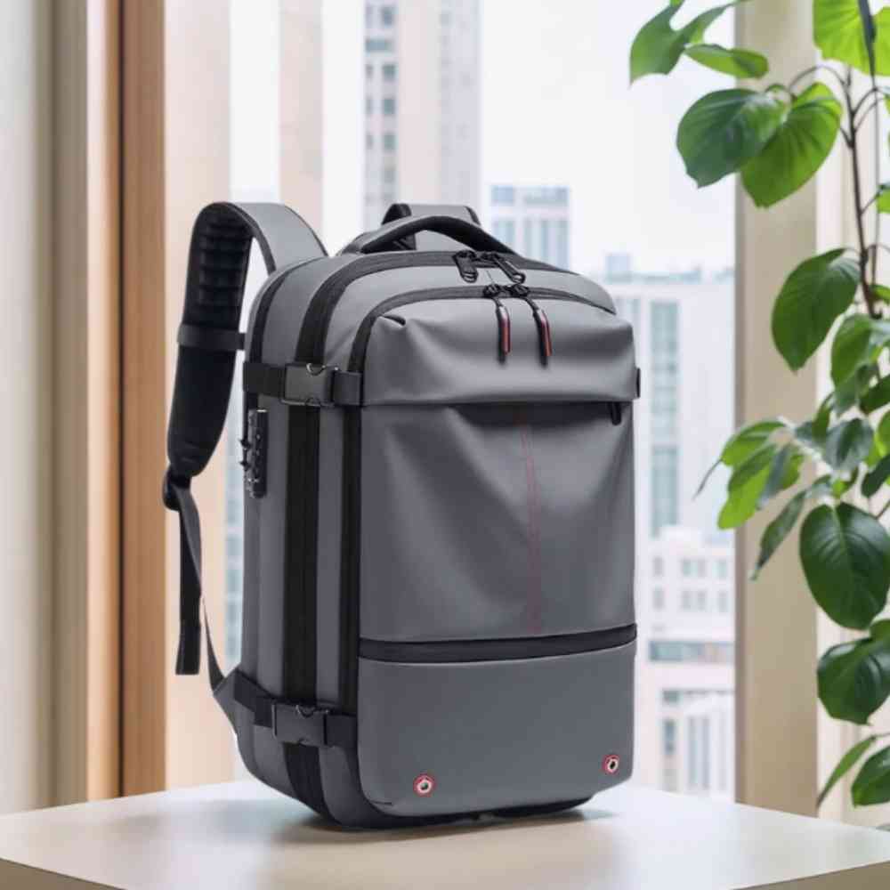 Mochila de Viagem Notebook 17 polegadas Expansível Urbanno cinza, em ambiente de escritório moderno com plantas e vista para cidade, ideal para o dia a dia profissional