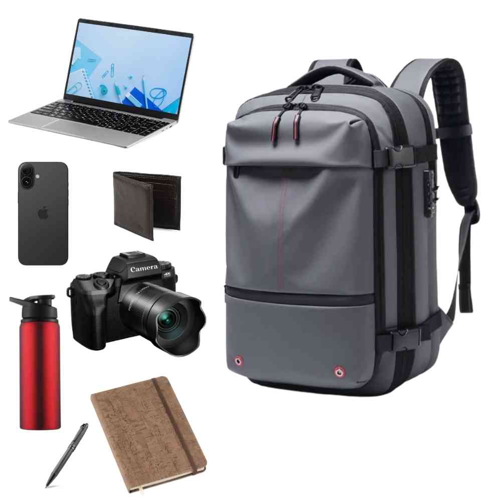 Mochila de Viagem Notebook 17 polegadas Expansível Urbanno cinza, exibindo capacidade interna com notebook, câmera e acessórios essenciais para organização