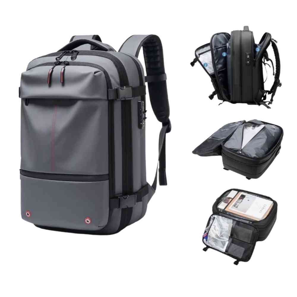 Mochila de Viagem Notebook 17 polegadas Expansível Urbanno cinza, com detalhes dos compartimentos espaçosos e funcionalidades internas para organização de itens