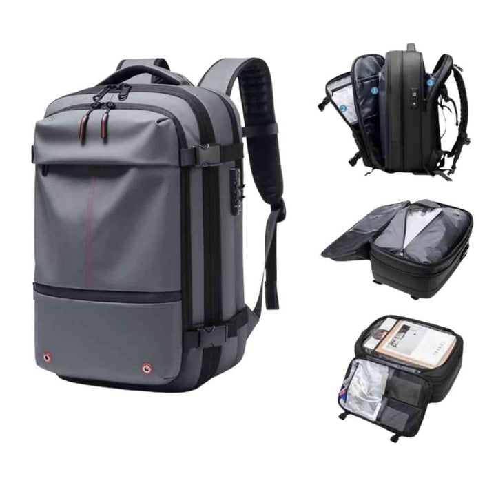 Mochila de Viagem Notebook 17 polegadas Expansível Urbanno cinza, com detalhes dos compartimentos espaçosos e funcionalidades internas para organização de itens